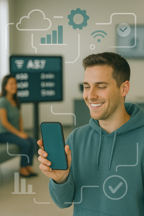 Cliente sonriendo mientras usa su celular, esperando su turno gestionado por un sistema de filas virtual.