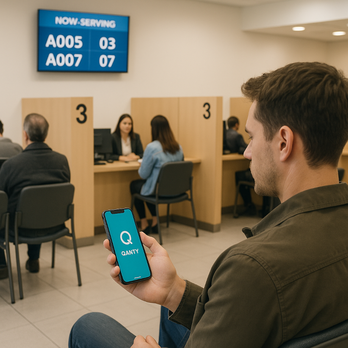 Happy customer using their cell phone while waiting virtually for their turn, exemplifying a modern queue management system.