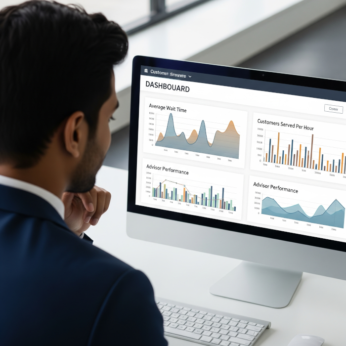 Employee efficiently assisting a customer thanks to an optimized queue management system.