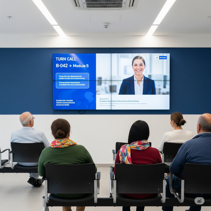 Digital screen displaying relevant information in a waiting area in Canada.