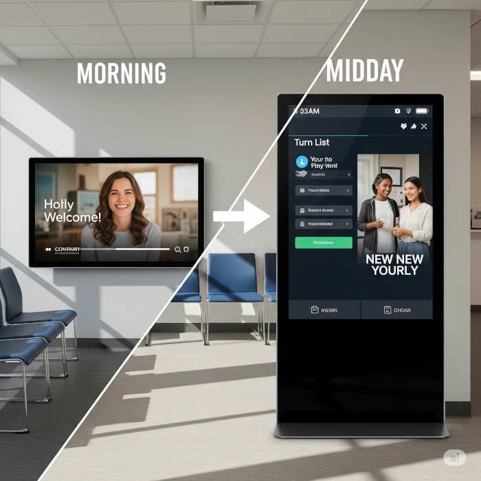 Digital signage screen with relevant audiovisual content for customers.