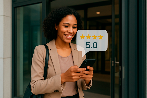 Cliente satisfecho calificando un servicio con cinco estrellas en su celular.