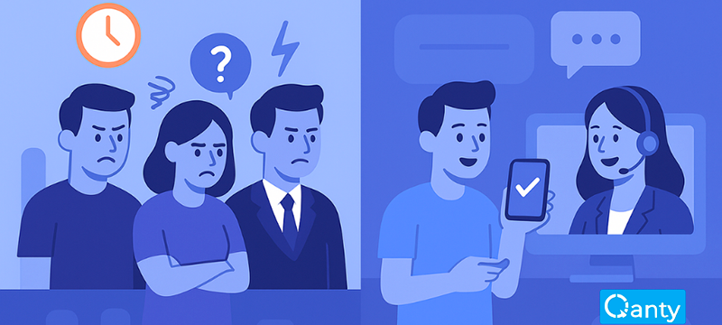 Comparación entre un cliente frustrado esperando en fila y otro cliente satisfecho recibiendo atención eficiente