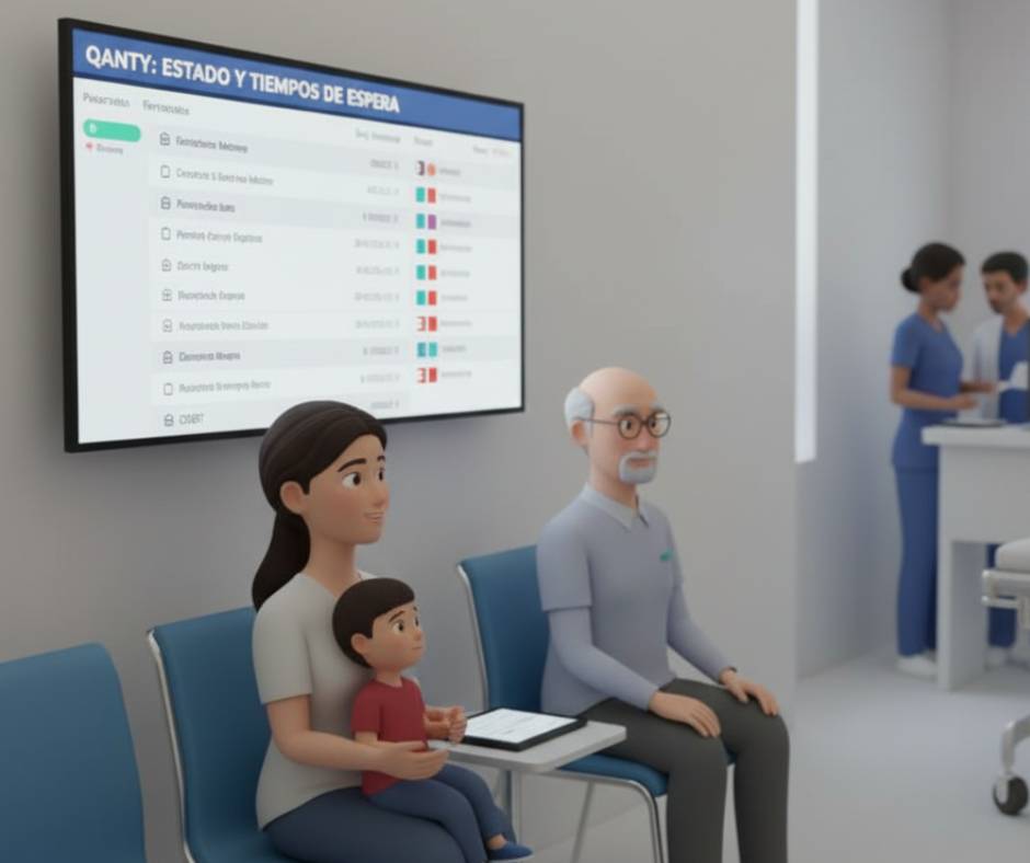 Patient in ER waiting room viewing a screen with estimated wait times.