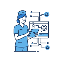 Icon of a nurse using a tablet to manage ER patients.