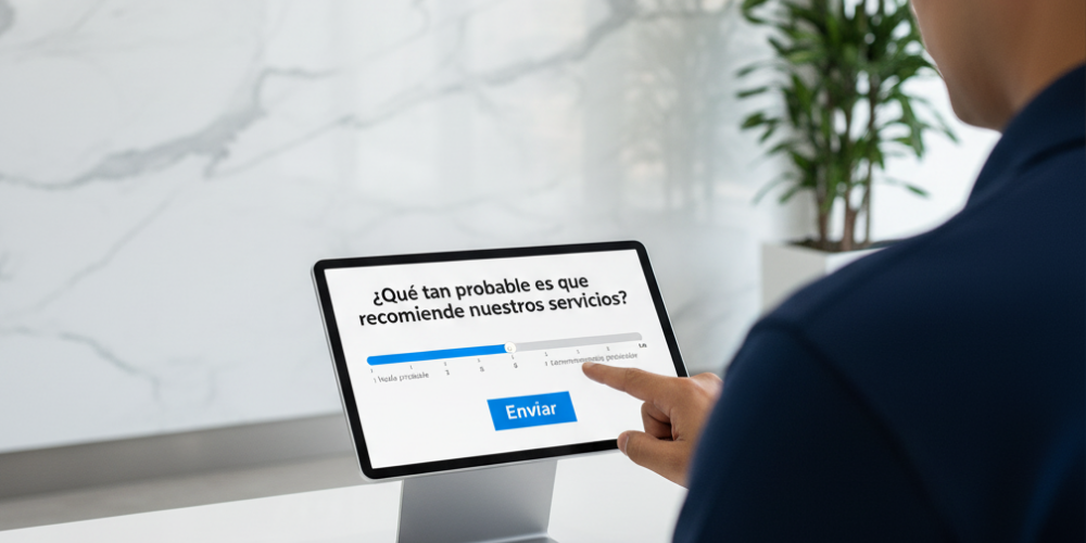 Una persona interactuando con un sistema de calificación de servicio.