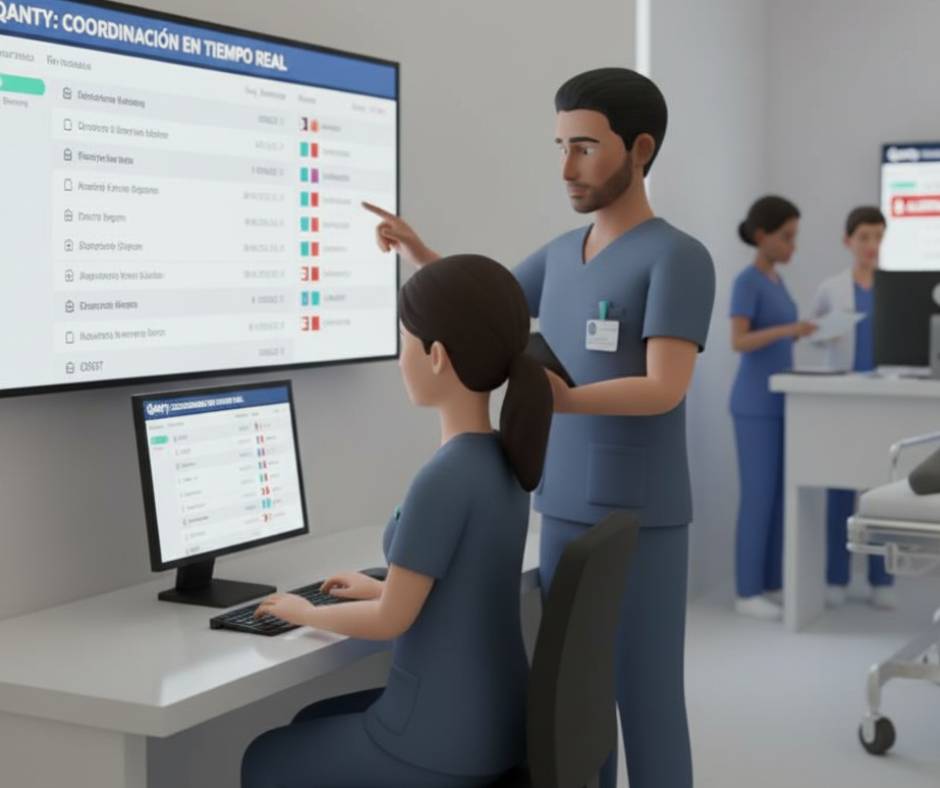Nursing team coordinating via Qanty tablets and monitors.