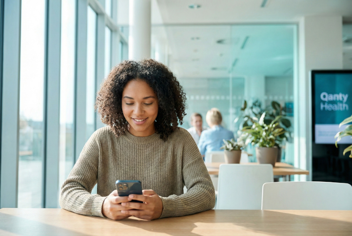 Patient checking wait time on mobile phone comfortably.