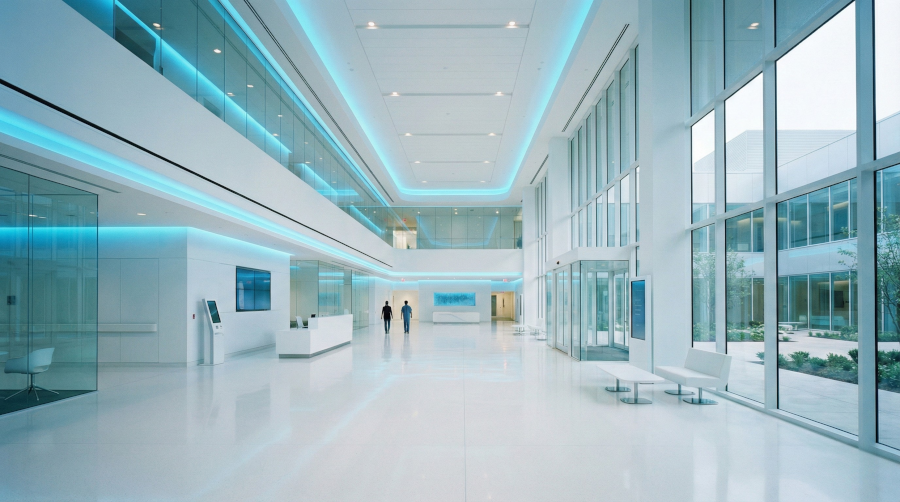 A spacious, uncrowded hospital waiting area.