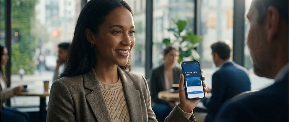 Mujer profesional esperando cómodamente revisando su turno en el celular.