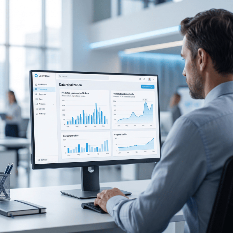 Dashboard showing AI predictive staffing and queue metrics