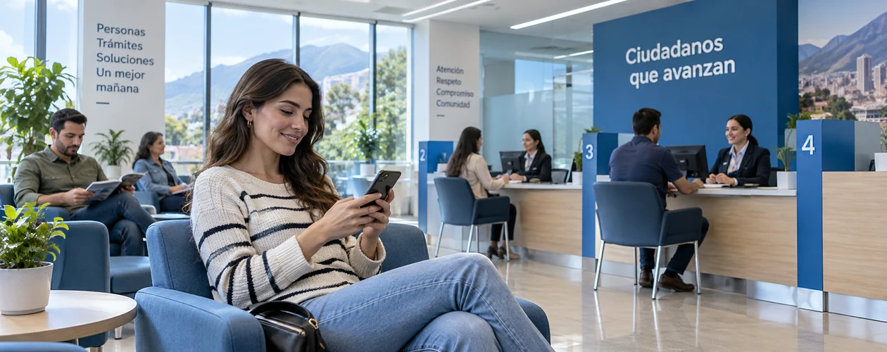Cliente consultando su turno en una sala de espera organizada